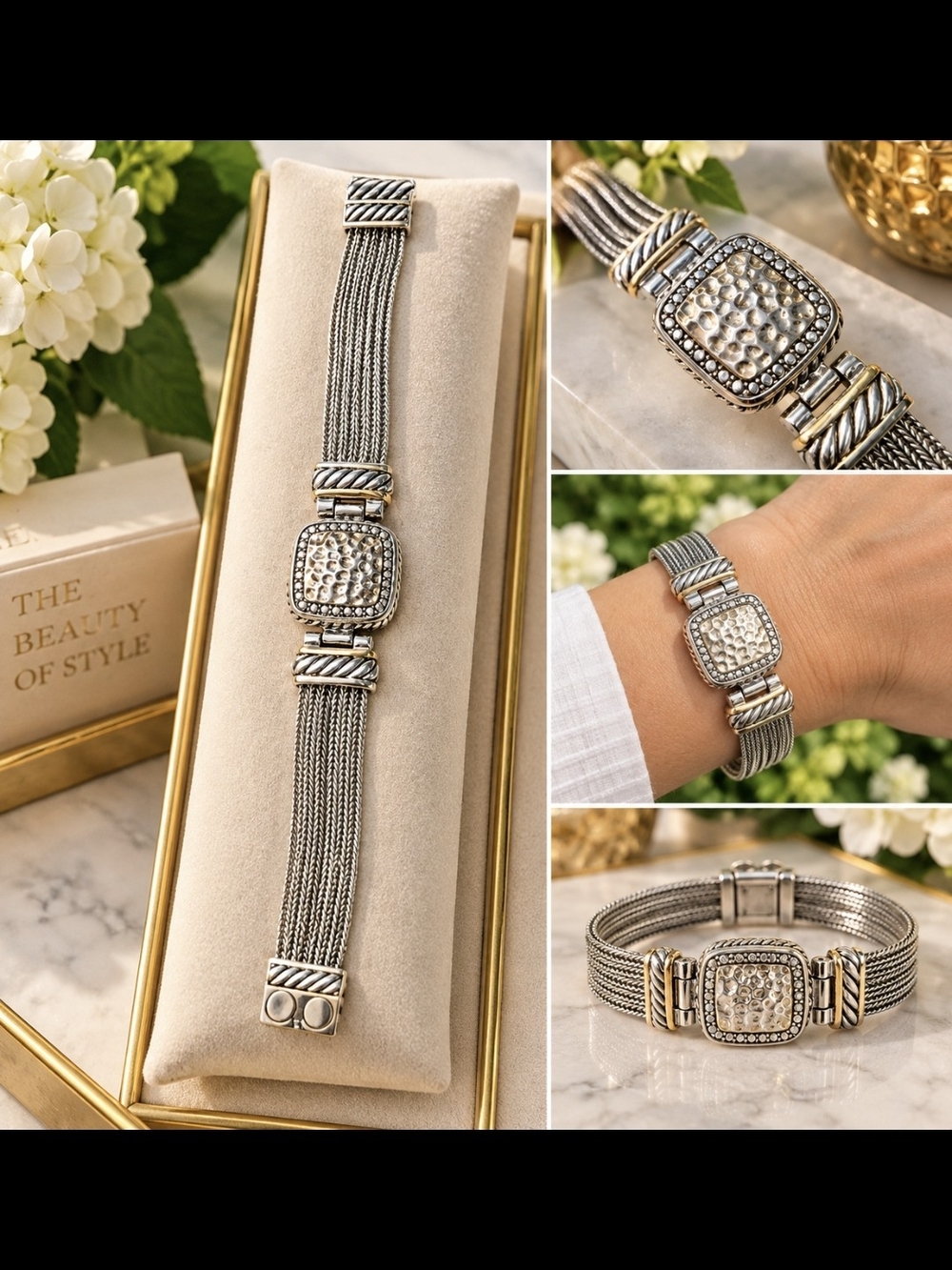 Silver and Gold Two-Tone Mesh Bracelet with Pave Square Accent